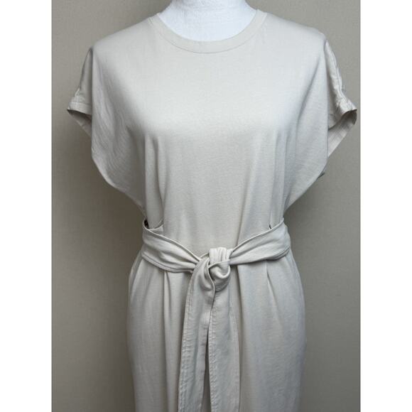 Zara Midi Cotton Bone Ivory Color Tie Waist Dress Sz M Short Sleeve Classic - Picture 2 of 13